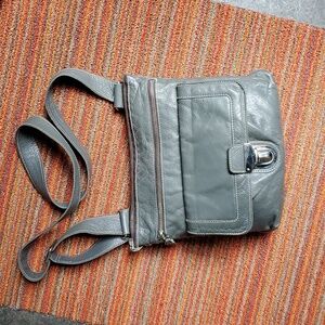 Roots Warm Grey Leather Crossbody Bag Purse Adjustable Strap
